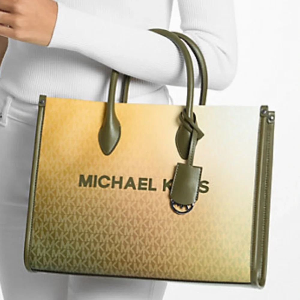 MICHAEL KORS Mirella Medium Ombré Signature Logo Tote Bag Olive Combo  NWT